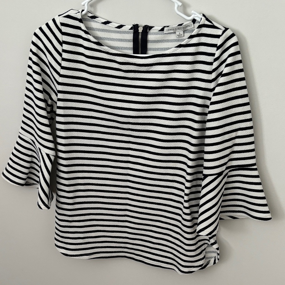Green Envelope Black and White Striped Blouse